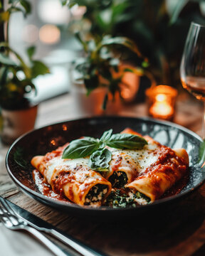 elegantly presented manicotti with a creamy ricotta and spinach filling, topped with sauce and fresh basil in a romantic setting