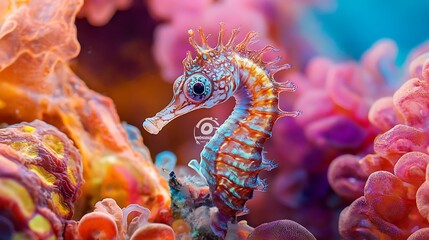 Naklejka premium Vibrant seahorse in a coral reef. This tiny creature's intricate details and bright colors are beautifully captured in this underwater close-up.