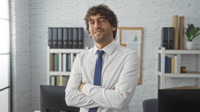Young man with glasses stands confidently with arms crossed in a modern office setting, reflecting a professional and attractive demeanor in a workplace environment.
