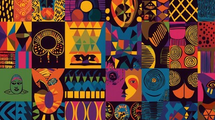 A vibrant collage of abstract patterns and shapes featuring bold colors and intricate designs, celebrating diverse artistic styles.