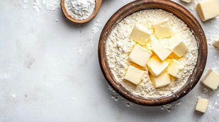 A wooden bowl filled with flour and cubed butter, ready for baking.  The light, airy scene suggests a simple, delicious recipe.