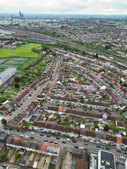 Aerial View of Downtown and Central Wembley London City of England Great Britain. High Angle Footage Was Captured with Drone's Camera from Medium High Altitude on April 16th, 2024