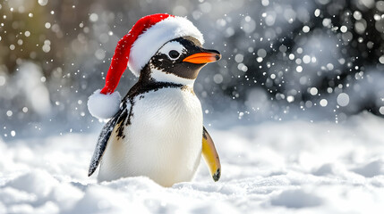 Fototapeta premium Cute Penguin in Santa Hat Surrounded by Snowflakes in Winter Wonderland, Perfect for Holiday and Christmas-Themed Designs and Illustrations