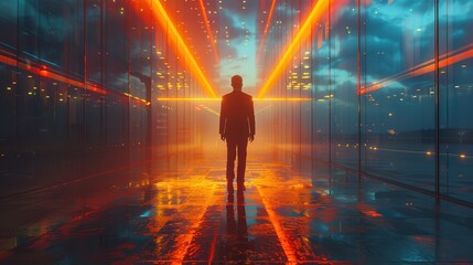 Obraz premium Mysterious figure walking through a futuristic corridor illuminated by vibrant neon lights at dusk. Generative AI