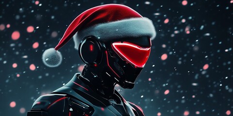 Sleek Robotic Santa with Glossy Black Body, Bright Red Accents, Stylized Red Hat