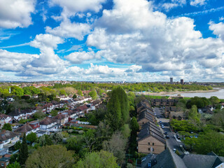 Aerial View of Downtown and Central Wembley London City of England Great Britain. High Angle Footage Was Captured with Drone's Camera from Medium High Altitude on April 16th, 2024