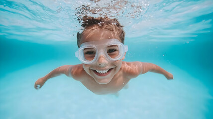 Naklejka premium Joyful Child Swimming Underwater With Goggles, Exhibiting Pure Happiness and Playfulness in a Bright Blue Pool, Capturing the Essence of Summer Fun and Adventure