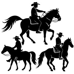 Vector Cowboy Silhouette Trio:  A set of three striking silhouettes, depicting cowboys riding horses, showcasing their rugged and adventurous spirit.  Perfect for graphic design, branding.