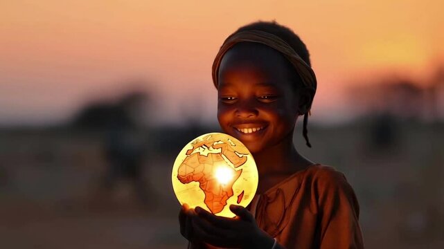 Young African girl holding an illuminated Earth globe in front of their face. She smiles with a renewed sense of hope for humanity