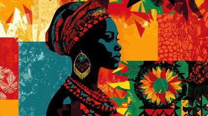 A vibrant and colorful illustration of an African woman silhouette adorned with traditional jewelry, celebrating cultural heritage through bold colors and patterns.
