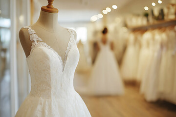 White lace bridal gown on dress form in bridal shop, bride in background