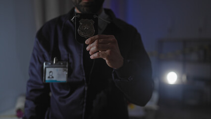 Hispanic detective man holding badge indoors at a dark crime scene.