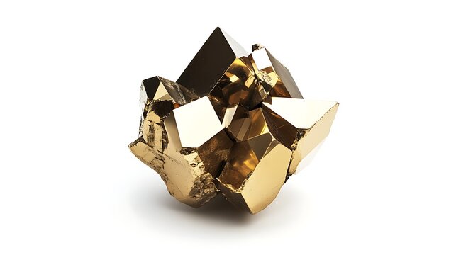 Golden geometric sculpture resembling a cluster of crystals.  The intricate details and sharp angles create a striking contrast against the white background.