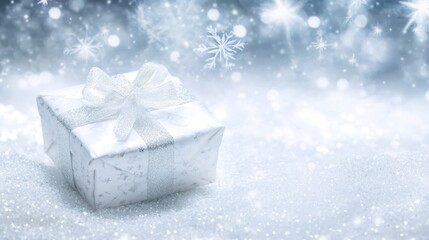 white gift box adorned with a sparkling silver ribbon, placed on a glittery snow-like surface with a soft, frosty background