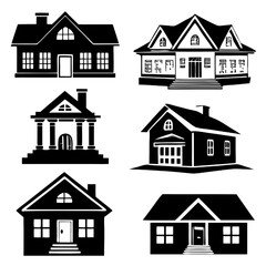 Vector House Icon Set:  A collection of six distinct house icons,  rendered in classic black and white silhouette style for graphic design and web use. 