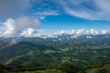Obraz premium Travelling by old wooden train up to Larrun or La Rhune, Larhune mountain at the western end of the Pyrenees located on border of France and Spain, in traditional Basque provinces Labourd and Navarra