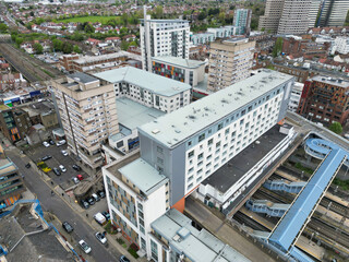 Aerial View of Downtown and Central Wembley London City of England Great Britain. High Angle Footage Was Captured with Drone's Camera from Medium High Altitude on April 16th, 2024