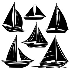 Vector Sailing Silhouettes:  A set of six stylized sailboat silhouettes, perfect for nautical-themed designs, logos, or illustrations.