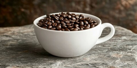 Fototapeta premium Coffee beans on a white cup, resting on a stone background. Happy October Coffee Day!