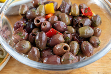 Pickled and marinated olives Ligurian style, tasty Italian starters, antipasti, tapas