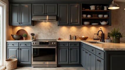 Elegant dark gray kitchen cabinets paired with black fixtures and natural stone countertops, complemented by rustic wood accents and soft lighting.
