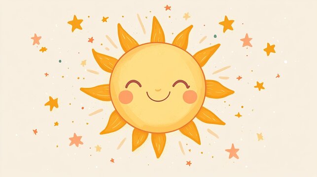 A happy, smiling sun surrounded by radiating rays and stars, illustrated in a whimsical and cheerful style, evoking warmth and positivity, in digital art.