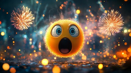A vibrant animated emoji with wide eyes expresses surprise and delight amid a dazzling backdrop of fireworks, celebrating excitement and joy in a digital style.