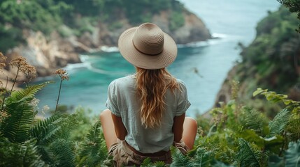 Fototapeta premium A woman wearing a wide-brimmed hat admires the tranquil coastal scenery, surrounded by lush greenery, depicting beauty and solitude in nature's embrace.