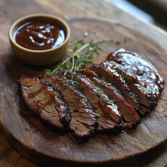 glossy barbecue brisket slices on wooden board with sauce and fresh thyme creating a rustic dining scene