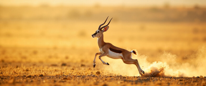 Springbok leaping across desert at sunset