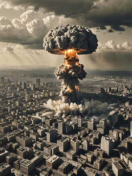 nuclear bomb detonating over a large city with a large mushroom cloud