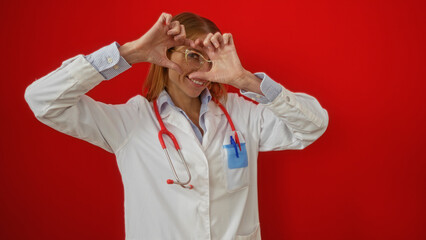 Woman doctor smiling over isolated red background with a stethoscope gestures a heart symbol while showing happiness and positivity
