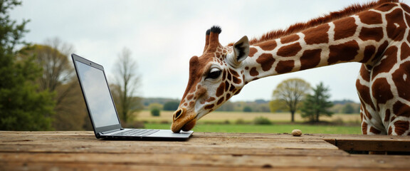 Curious giraffe examining laptop in zoo enclosure, digital age