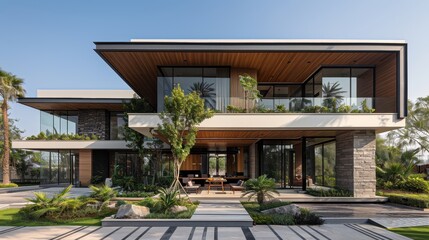 Fototapeta premium Modern architectural marvel showcases elegant lines in serene tropical setting with lush greenery. Generative AI