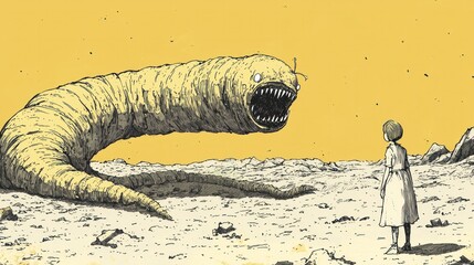 A young girl faces off against a monstrous worm creature in a desolate wasteland. The creature has sharp teeth and a menacing expression. The girl stands tall and defiant, her eyes wide with fear.