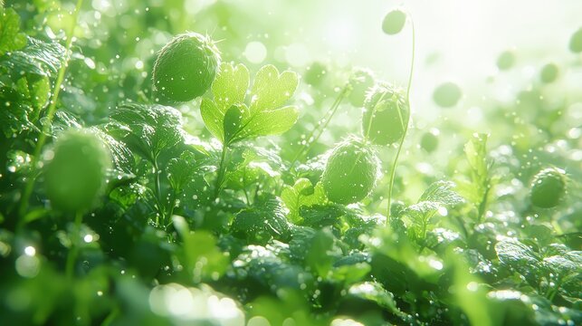 Sunlit dew on lush green foliage: a refreshing glimpse of nature's vitality