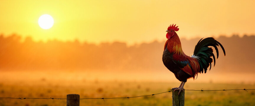 Rooster crowing on fence at misty sunrise, new beginnings