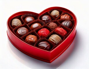 Heart shaped box of chocolates with different kinds of candies, white background 