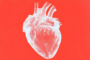 Anatomical Illustration of a Human Heart on a Vibrant Red Background, Showcasing Intricate Details of the Cardiac Structure and Function