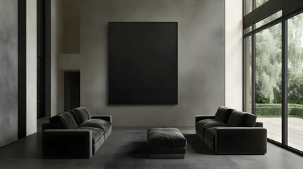 Modern Minimalist Living Room Featuring Black Sofas and Large Empty Canvas, Inviting Natural Light and a Calm, Serene Atmosphere