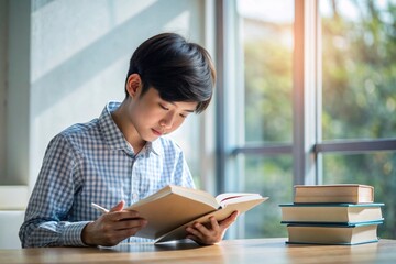 Young boy reading a book attentively at a study table surrounded by stacked books