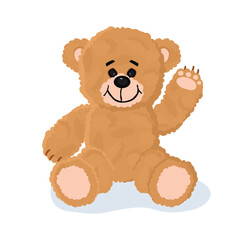 Cute plush bear isolated on white background.Cartoon childish toy with a paw raised in a welcoming gesture.Beige fluffy character sits and smiles.Vector design for card,printing on fabric and paper.