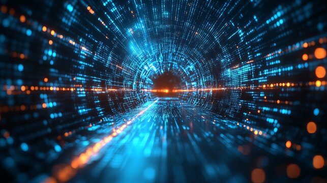 A stunning digital tunnel made of luminous blue and orange pixels, representing high-speed data, connectivity, and the vibrant, futuristic essence of modern technology.