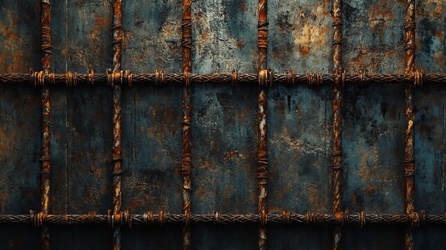 Industrial backdrop featuring rebar with a textured, rusty surface, used to reinforce concrete during pouring. These steel reinforcement bars are essential for construction projects