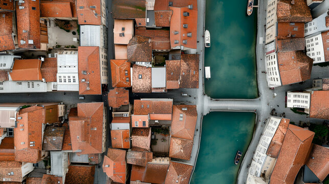Aerial View of Charming European Town with Red Rooftops, Narrow Streets, and Reflective Waterways in the Heart of a Picturesque Village - Powered by Adobe