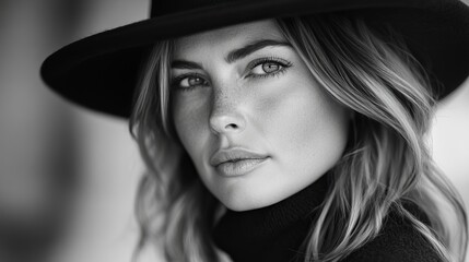 A captivating black-and-white portrait of a woman in a hat, highlighting her expressive eyes and elegance, evoking timeless beauty and classic photographic style.
