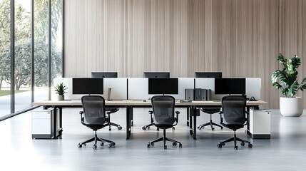 Modern open-plan offices boast a sleek and efficient design. Rows of individual workstations with computers and ergonomic chairs are neatly organized