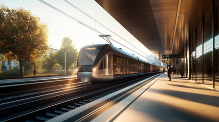 Naklejka premium A sleek electric train pulls into a station in the warm glow of dusk, surrounded by trees and glass architecture.