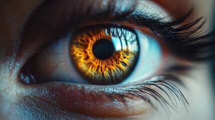 Close-up of hazel eye with detailed iris, intense reflection and eyelashes, vibrant human eye with natural beauty, captivating vision, focus on intricate detail