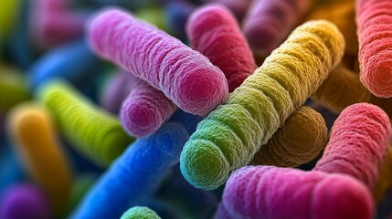 A detailed image portraying an array of colorful bacteria viewed under a microscope, illustrating biological diversity and microscopic complexity in vivid detail.